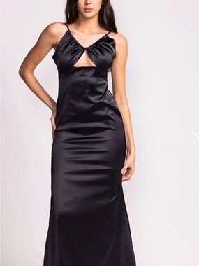 Pink Martini Black Satin Maxi Dress with Front Cutout